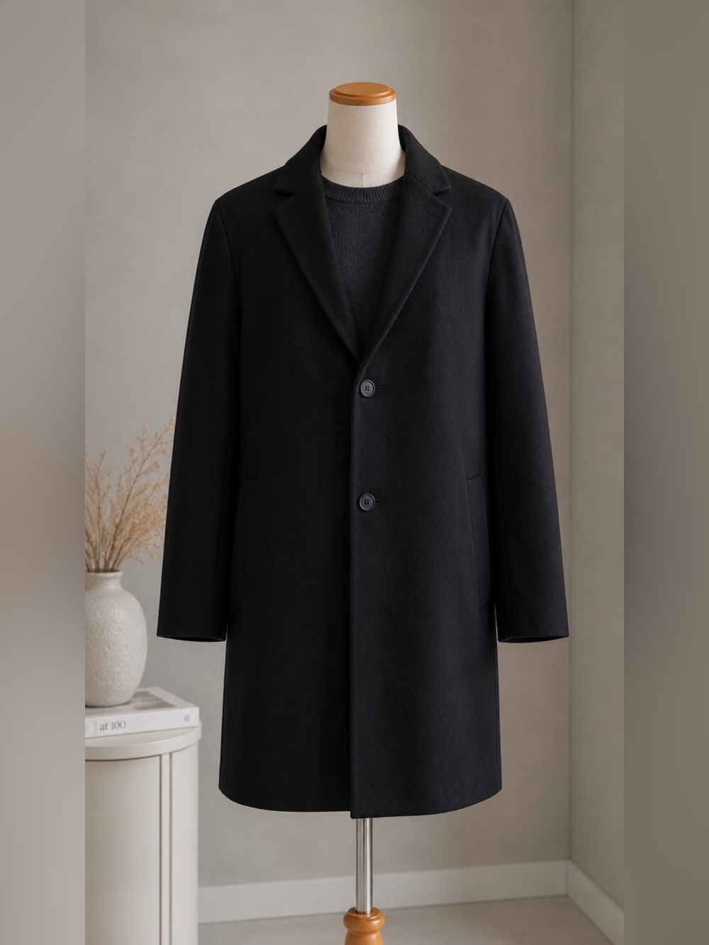 Men's Black Wool Mid-Length Overcoat Button Front Lined Notch Collar M NWT